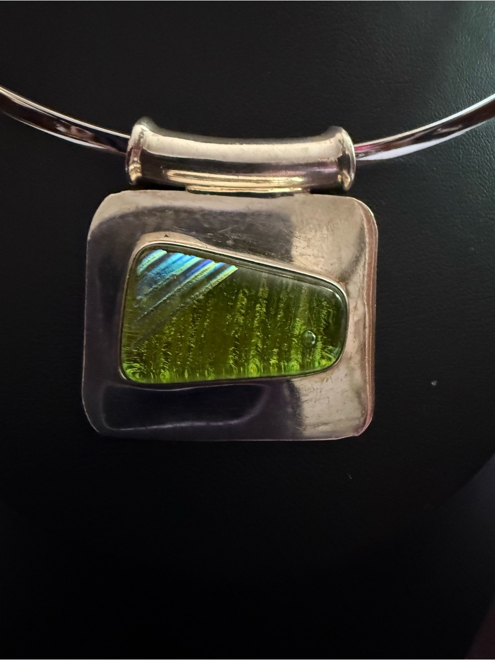 Taxco Silver Necklace with Green Dichroic Glass Accent